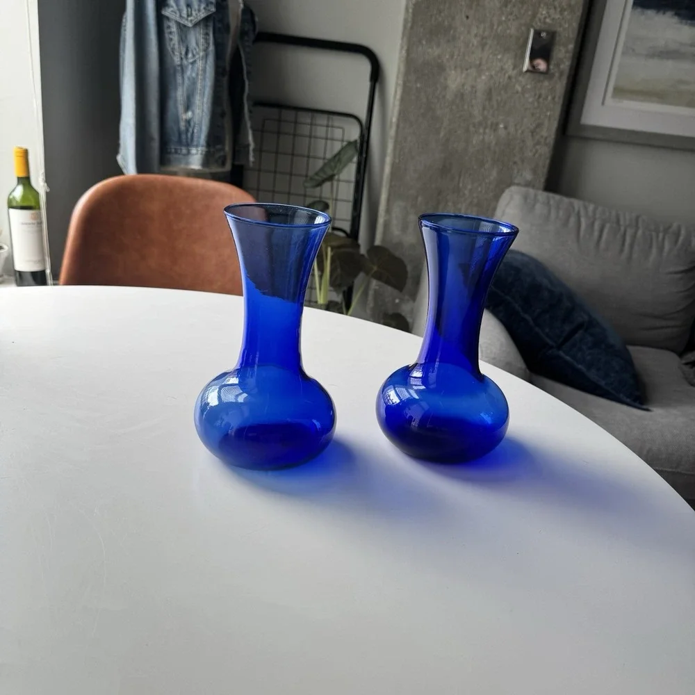 Pair Vintage Cobalt Blue Glass Bud Vases Flared Rim 8